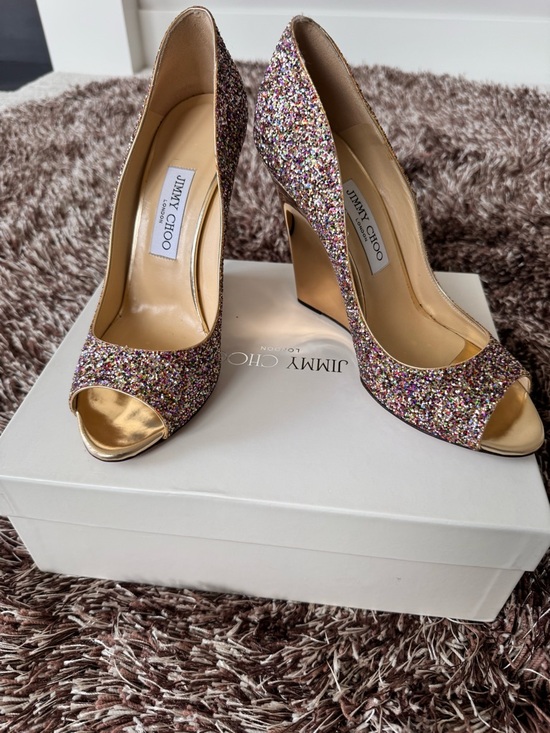 Jimmy Choo Shoes - Jimmy Choo Multicolor Glitter Peep-Toe Heels with Gold Interior